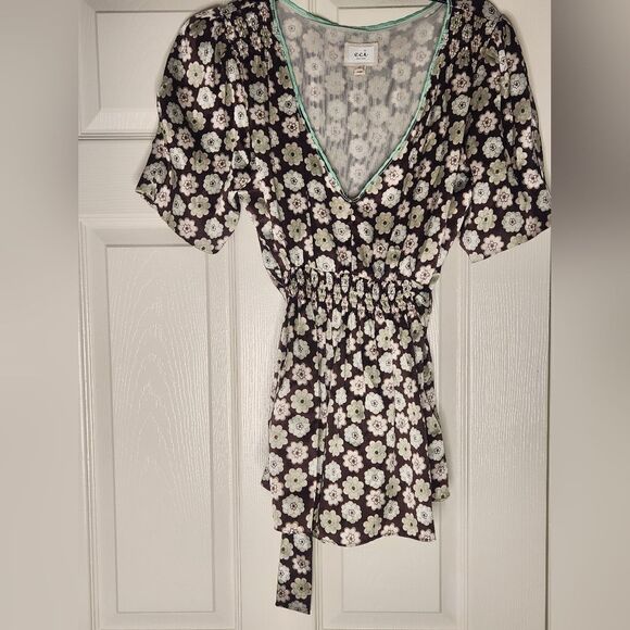 Eci New York 12 Brown FloralPrint  100% SILK Ruffle BeltElasticWaist WomenBlouse - Picture 1 of 12
